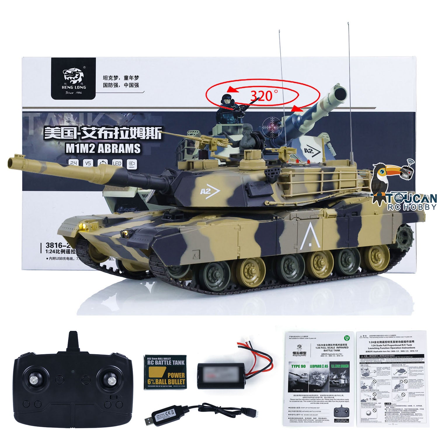 Heng Long 1/24 RC Tank Abrams M1M2 3816-2 2.4G Remote Control Battle V –  TOUCAN RC HOBBY