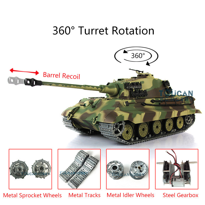 Henglong 1/16 7.0 Upgraded King Tiger RC Tank 3888A w/ 360Degrees Rotating  Turret Barrel Recoil Metal Track Idler Sproket Wheels Smoking