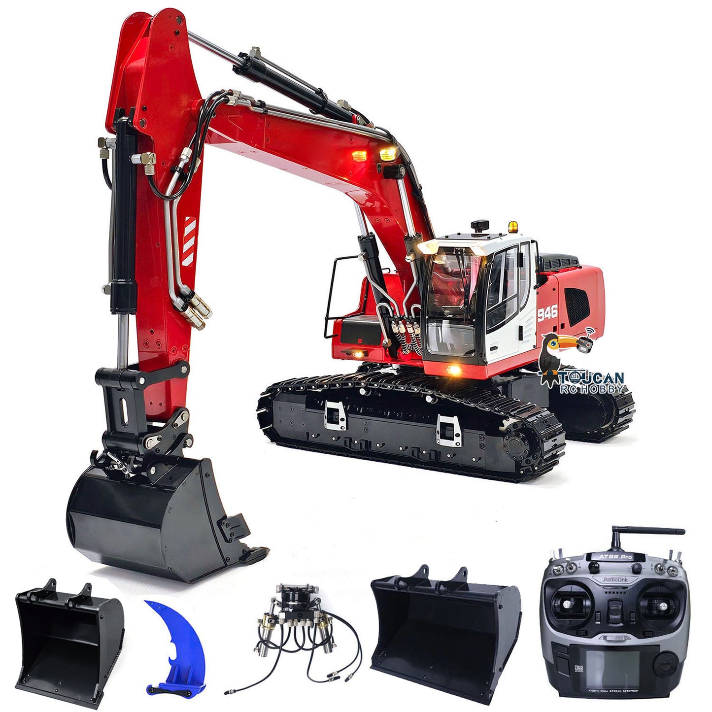 MTMODEL Metal Remote Control Tracked Digging Vehicle 1/14 2 Arms 946 RC Hydraulic Excavator Ripper Tiltable Bucket Grab Model