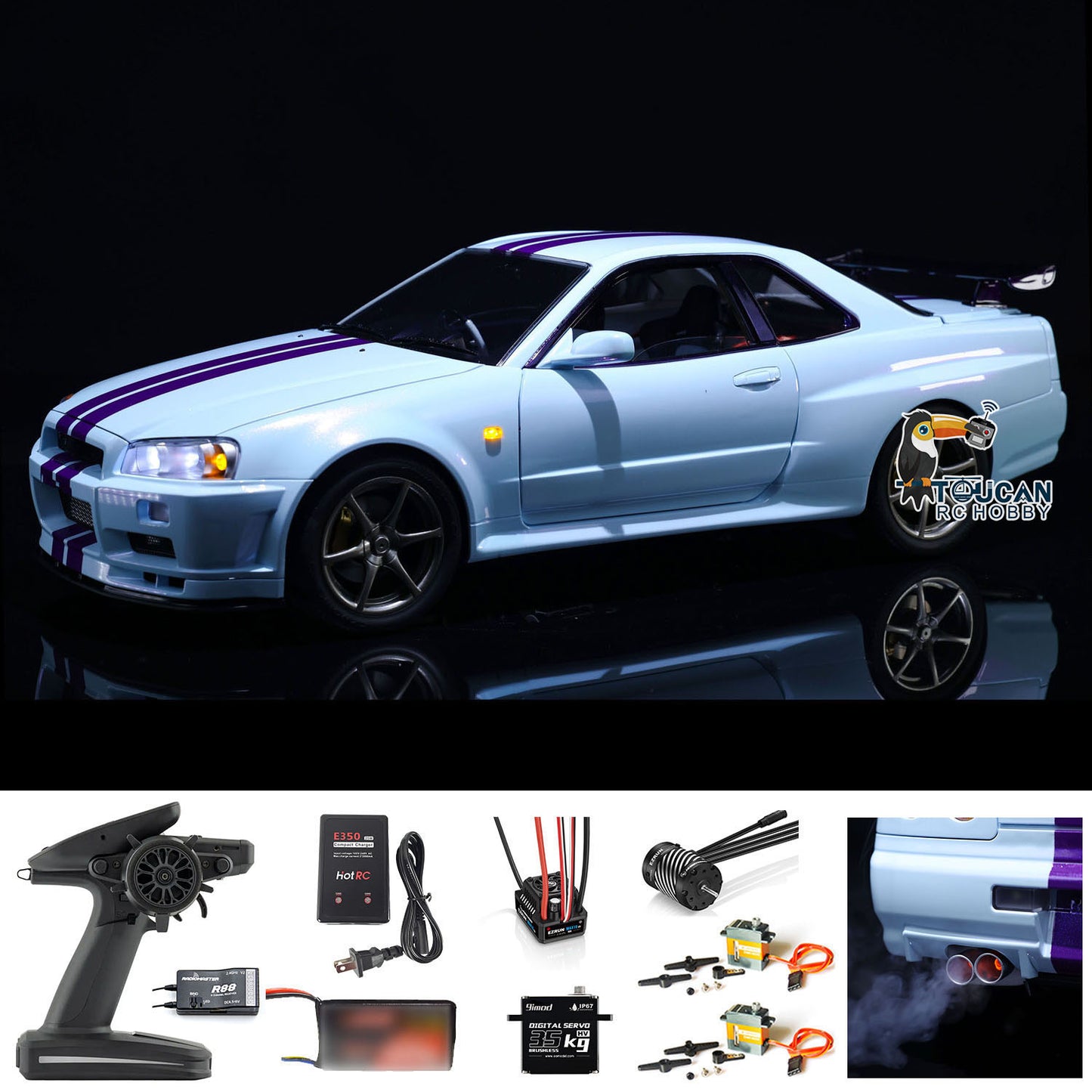 Capo 4WD 1/8 RC Racing Car R34 4x4 High Speed Metal RTR Drift Cars Sound Smoking