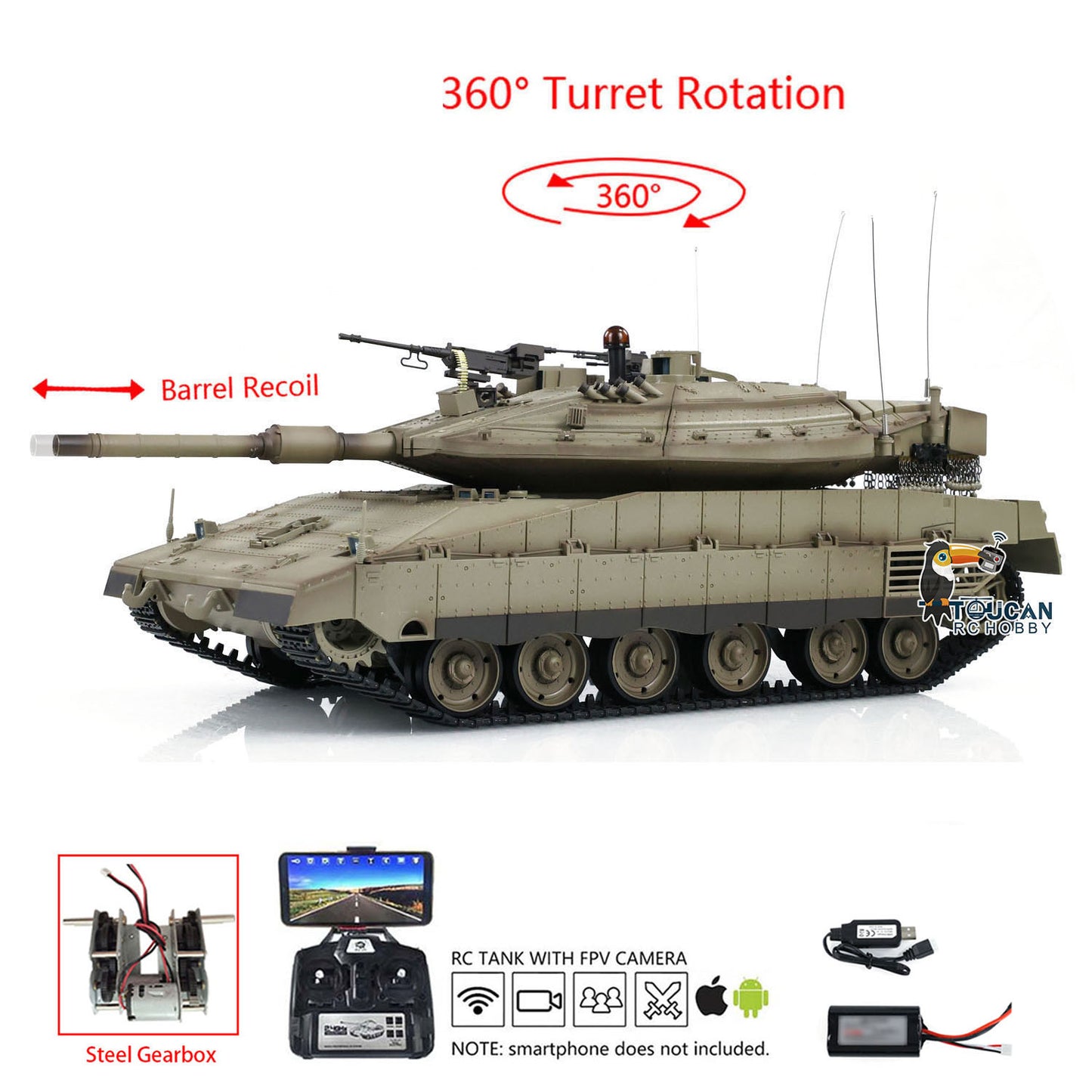 Henglong 3958 1/16 RC Tanks IDF Merkava MK IV Standard FPV Camera Driving Gearbox 360 Rotating Barrel Recoil Models