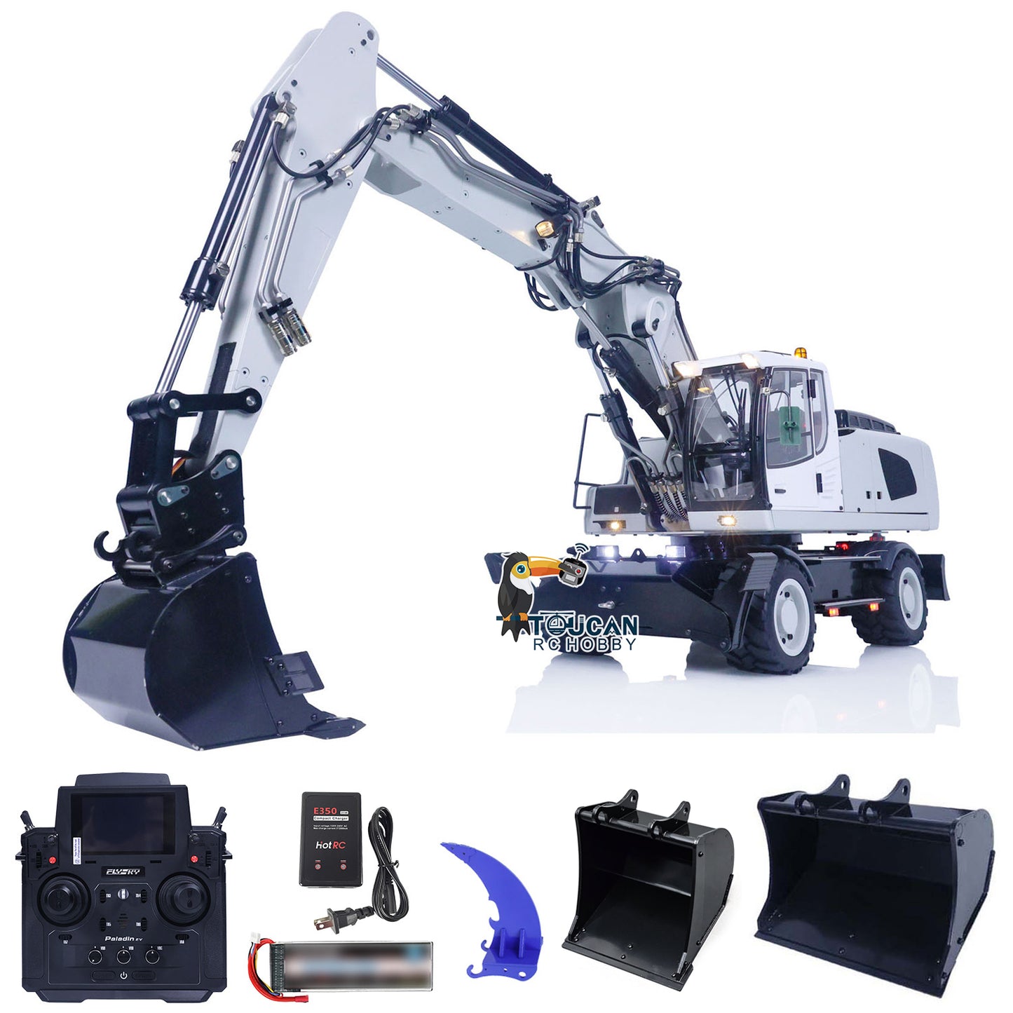 1/14 3-arms RC Hydraulic Excavator R946 Wheeled Metal Remote Control Digger Hobby Model Grab Ripper Tiltable Clamshell Bucket