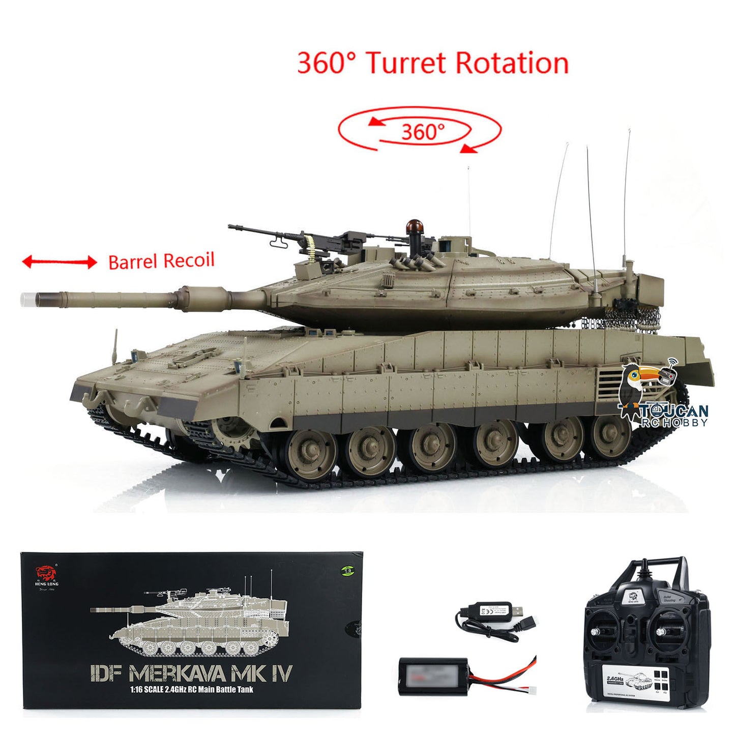 Heng Long 1/16 RC Battle Tank IDF Merkava MK IV 3958 Turret 360 Degree Rotating Barrel Recoil Radio Controlled Model