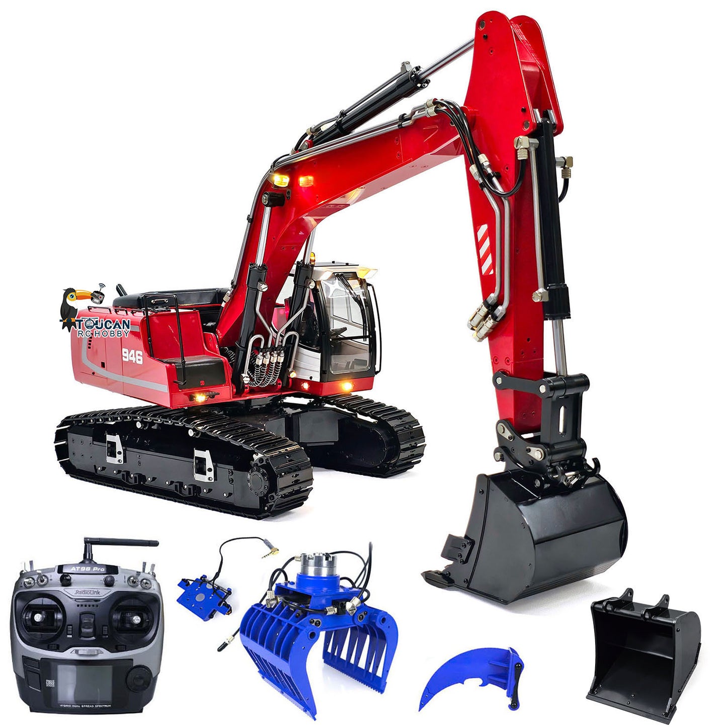 MTMODEL Metal Remote Control Tracked Digging Vehicle 1/14 2 Arms 946 RC Hydraulic Excavator Ripper Tiltable Bucket Grab Model