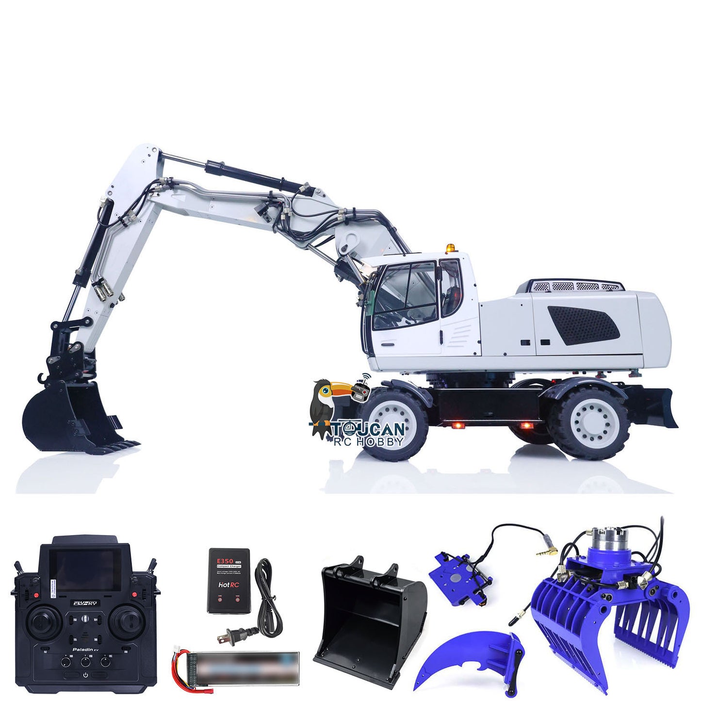 1/14 3-arms RC Hydraulic Excavator R946 Wheeled Metal Remote Control Digger Hobby Model Grab Ripper Tiltable Clamshell Bucket