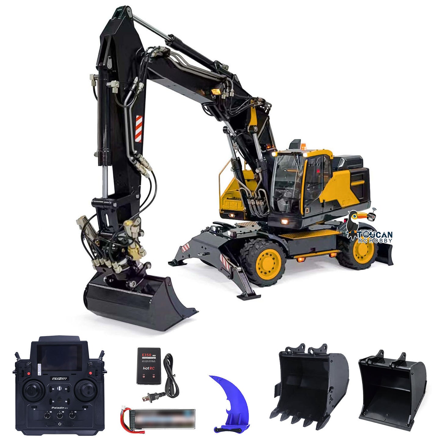 1:14 RC Hydraulic Digger Metal 3-Arm EC380 Wheeled Remote Controlled Excavators Grab Tiltable Clamshell Bucket Simulation Model