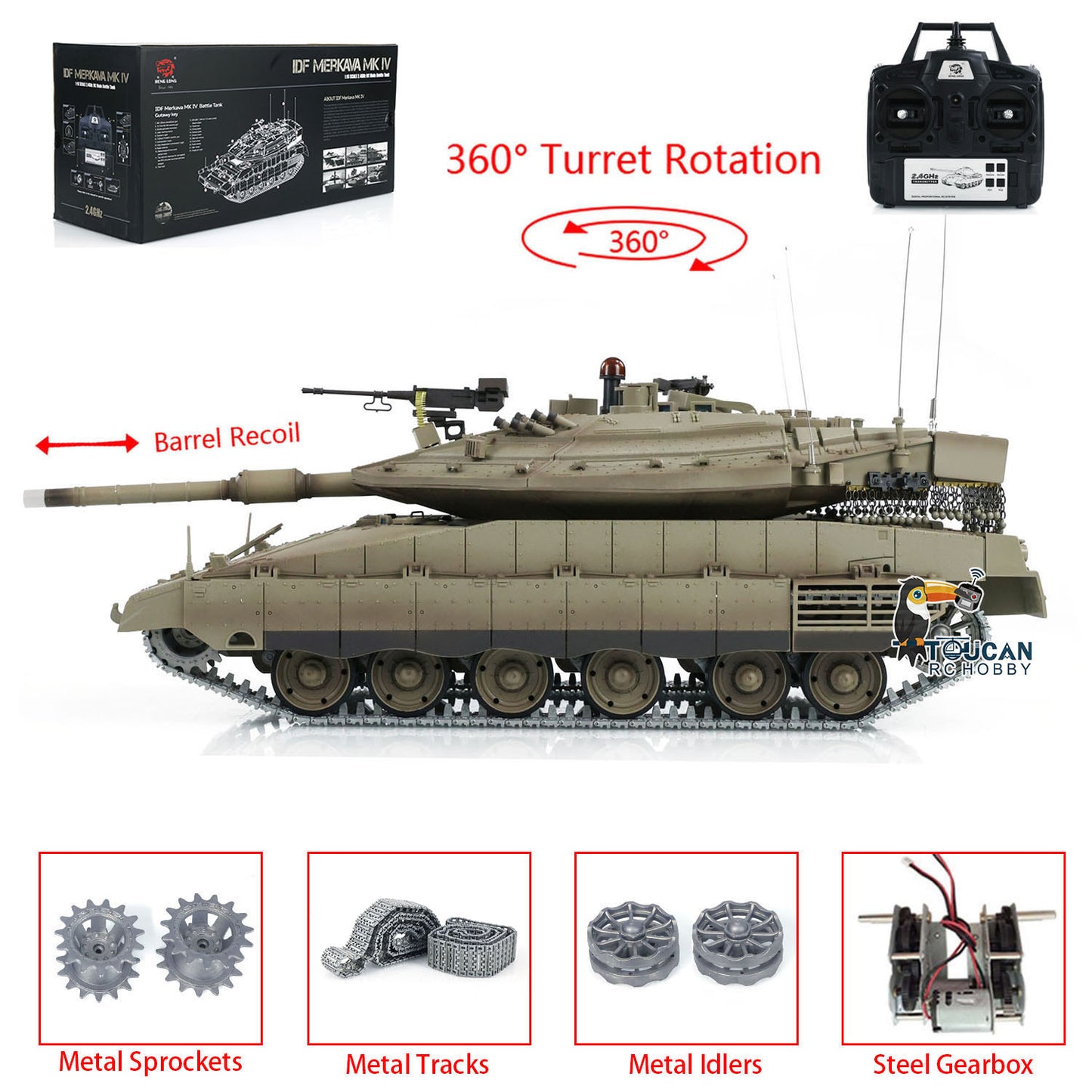 RC Tank 1/16 Heng Long IDF Merkava MK IV 3958 360 Turret Rotary Upgrade Edition W/ Metal Tracks idlers Gearbox Model