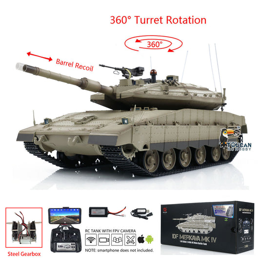 Henglong 3958 1/16 RC Tanks IDF Merkava MK IV Standard FPV Camera Driving Gearbox 360 Rotating Barrel Recoil Models