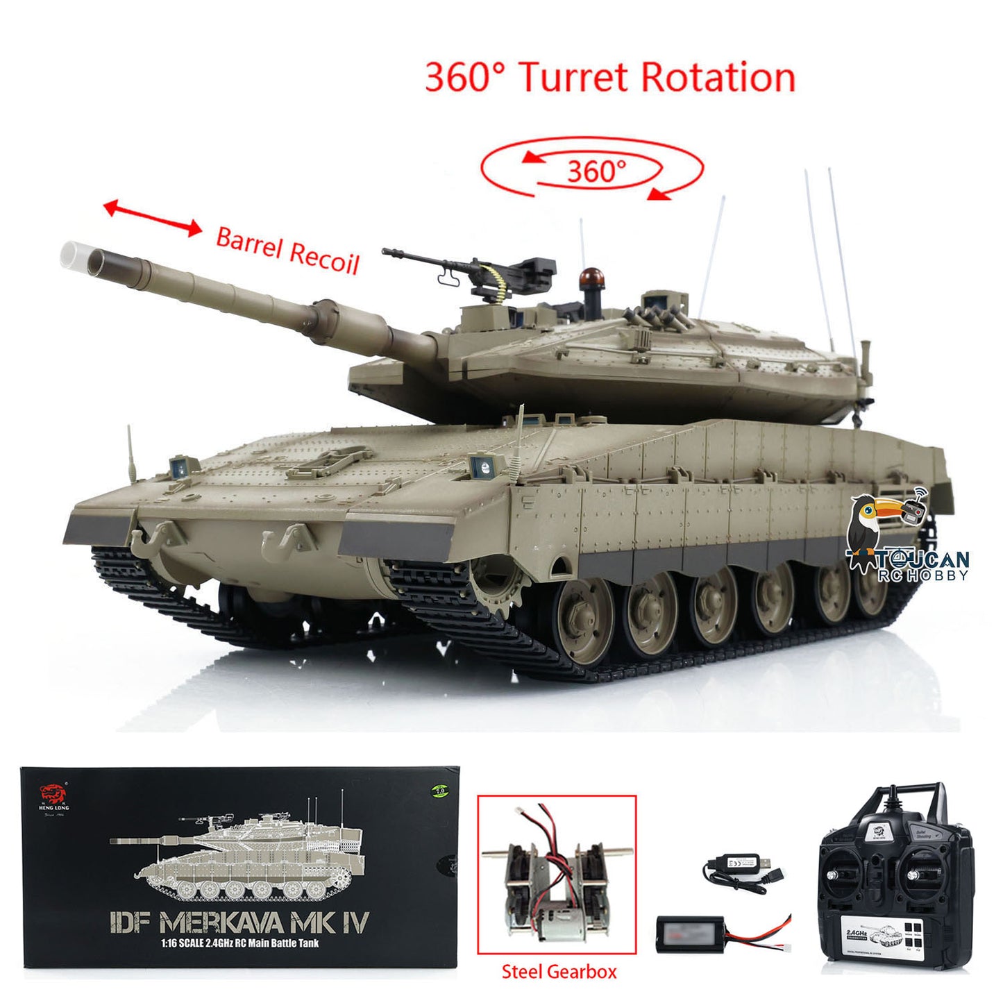 1/16 Heng Long RC Tank 3958 IDF Merkava MK IV Metal Driving Gearbox 360 Rotating Barrel Recoil Tanks Model