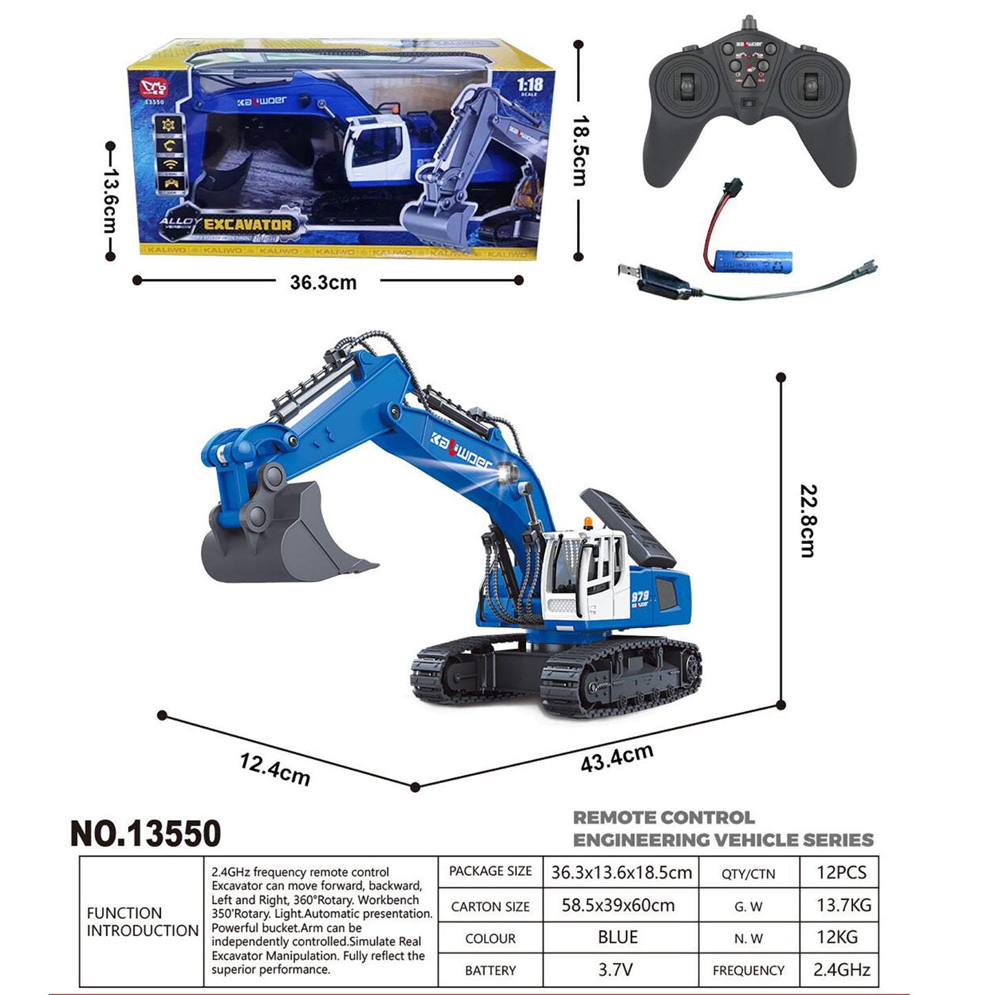 HUINA 1/18 RC Toys Gift 13550 Remote Control Excavator 11CH 350° Rotation RC Digger 2.4G Radio Battery Light Sound USB Charger