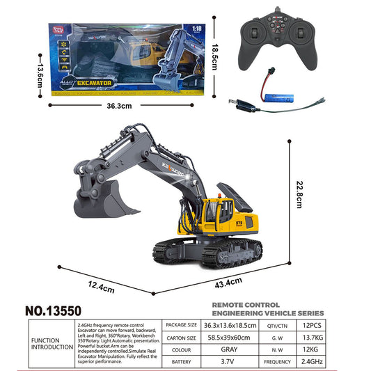 HUINA 1/18 RC Toys Gift 13550 Remote Control Excavator 11CH 350° Rotation RC Digger 2.4G Radio Battery Light Sound USB Charger