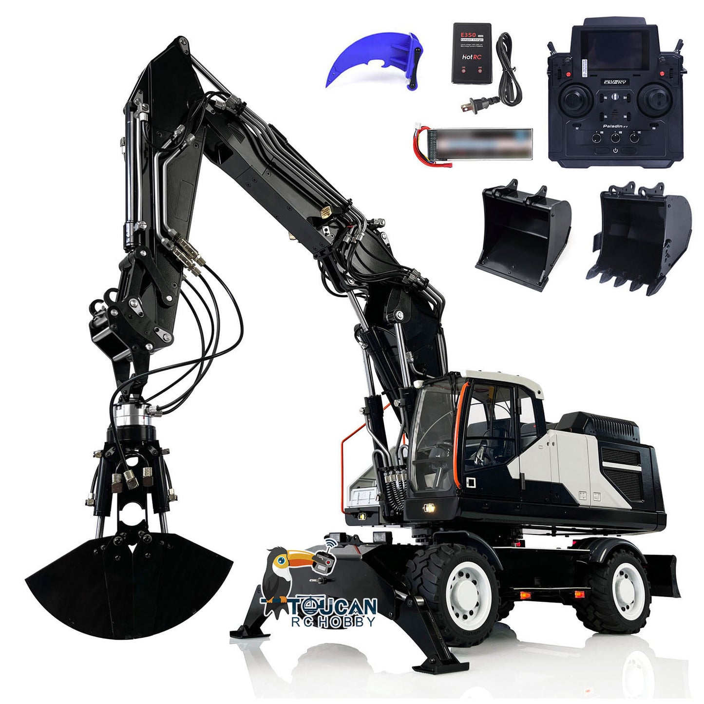 EC380 1/14 RC Hydraulic Excavator Wheeled Construction Vehicle 3-arm Remote Control Diggers Model Grab Tiltable Clamshell Bucket