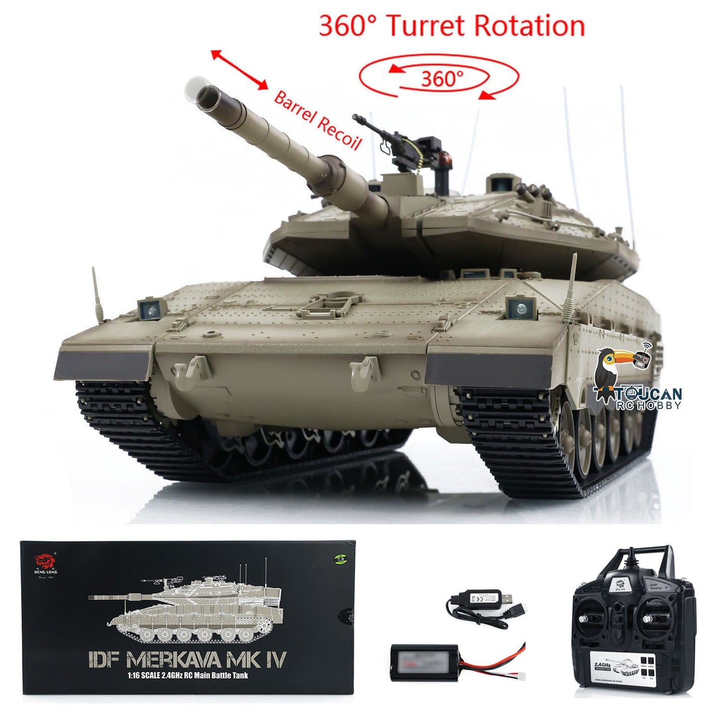 Heng Long 1/16 RC Battle Tank IDF Merkava MK IV 3958 Turret 360 Degree Rotating Barrel Recoil Radio Controlled Model