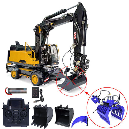 1:14 RC Hydraulic Digger Metal 3-Arm EC380 Wheeled Remote Controlled Excavators Grab Tiltable Clamshell Bucket Simulation Model