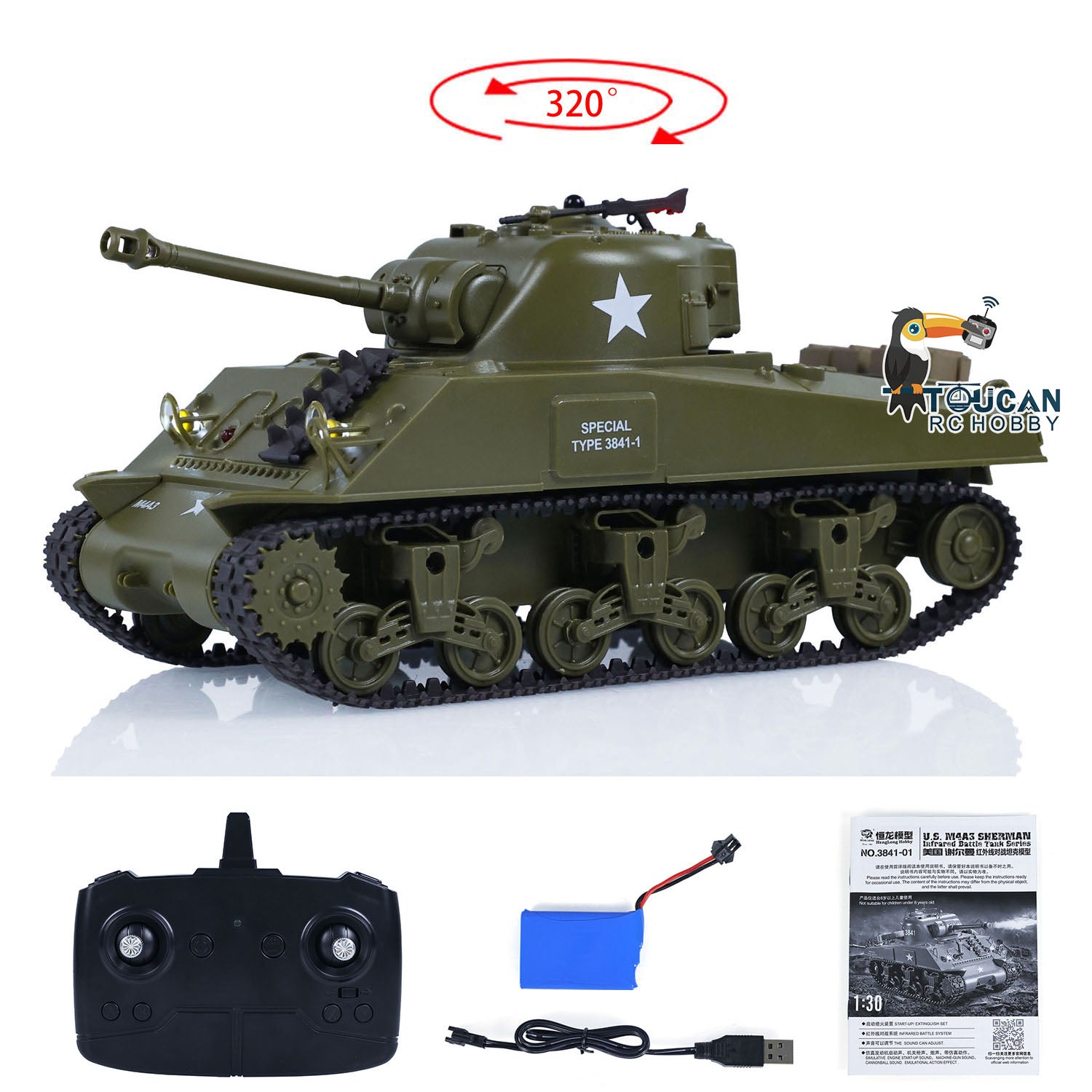 1 30 Heng Long Plastic RC Battle Tank Sherman M4A3 3841 01 2.4G Remote TOUCAN RC HOBBY