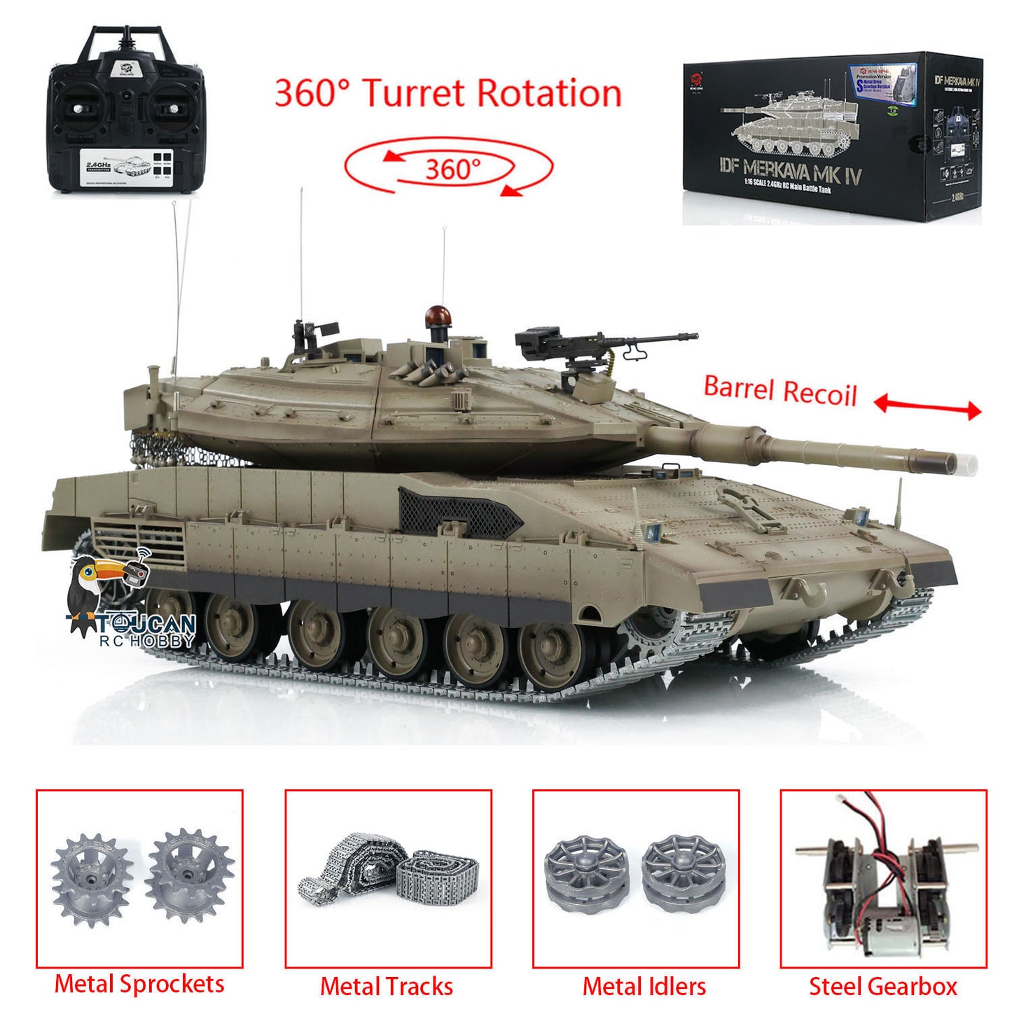 RC Tank 1/16 Heng Long IDF Merkava MK IV 3958 360 Turret Rotary Upgrade Edition W/ Metal Tracks idlers Gearbox Model