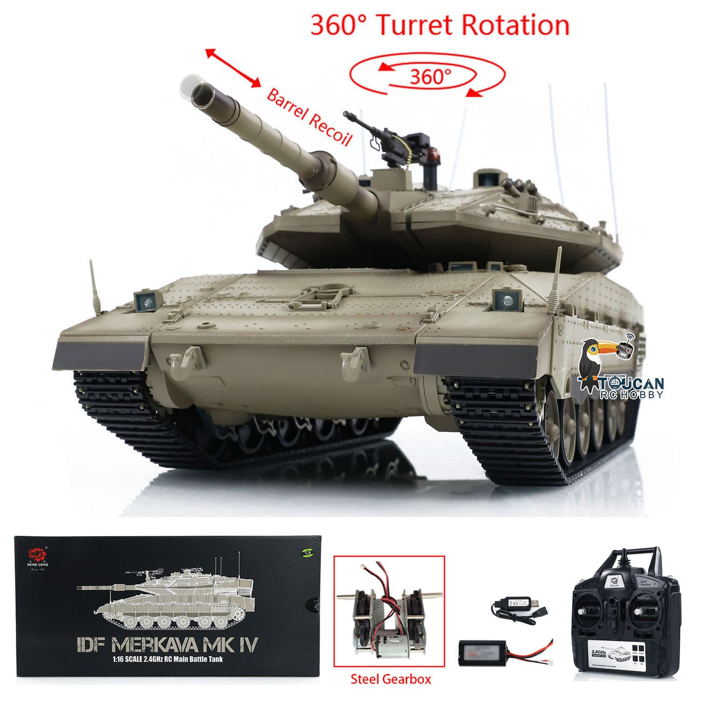 1/16 Heng Long RC Tank 3958 IDF Merkava MK IV Metal Driving Gearbox 360 Rotating Barrel Recoil Tanks Model