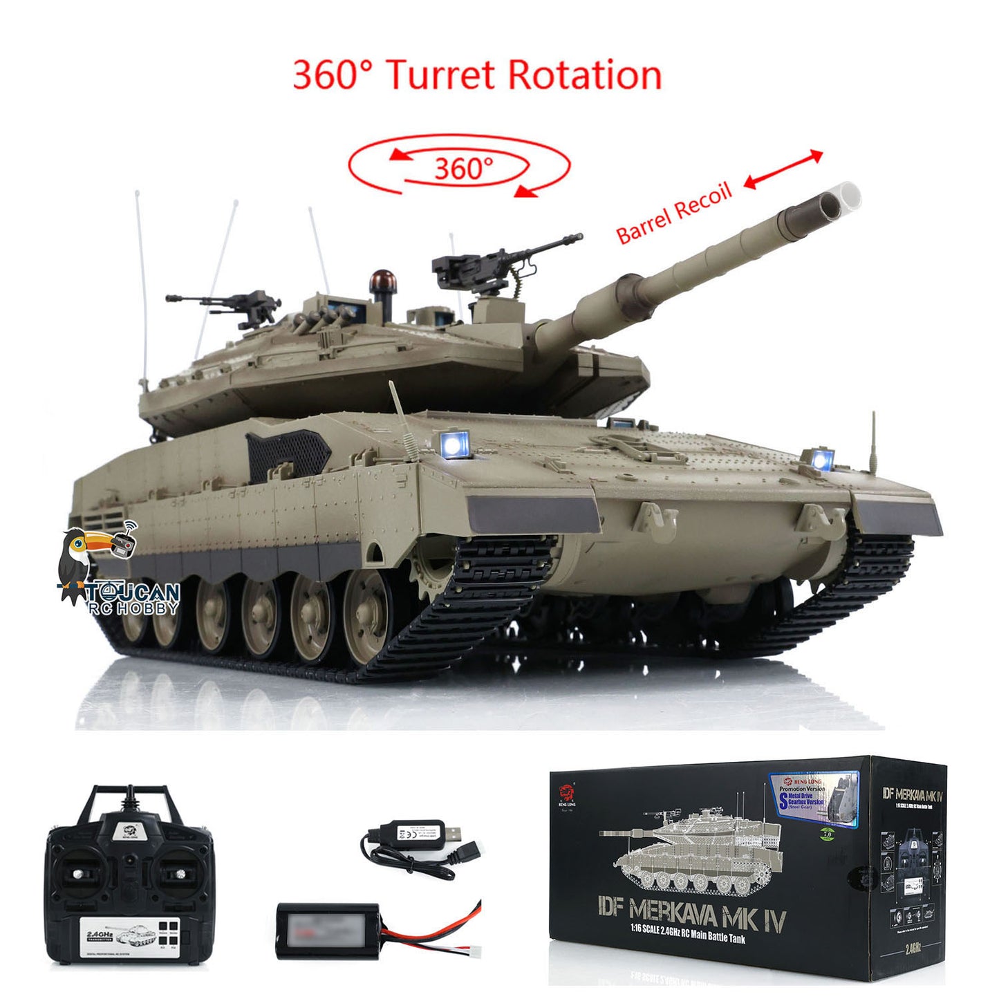 Heng Long 1/16 RC Battle Tank IDF Merkava MK IV 3958 Turret 360 Degree Rotating Barrel Recoil Radio Controlled Model