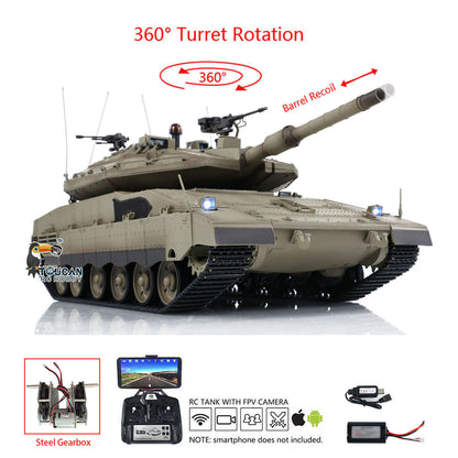 Henglong 3958 1/16 RC Tanks IDF Merkava MK IV Standard FPV Camera Driving Gearbox 360 Rotating Barrel Recoil Models