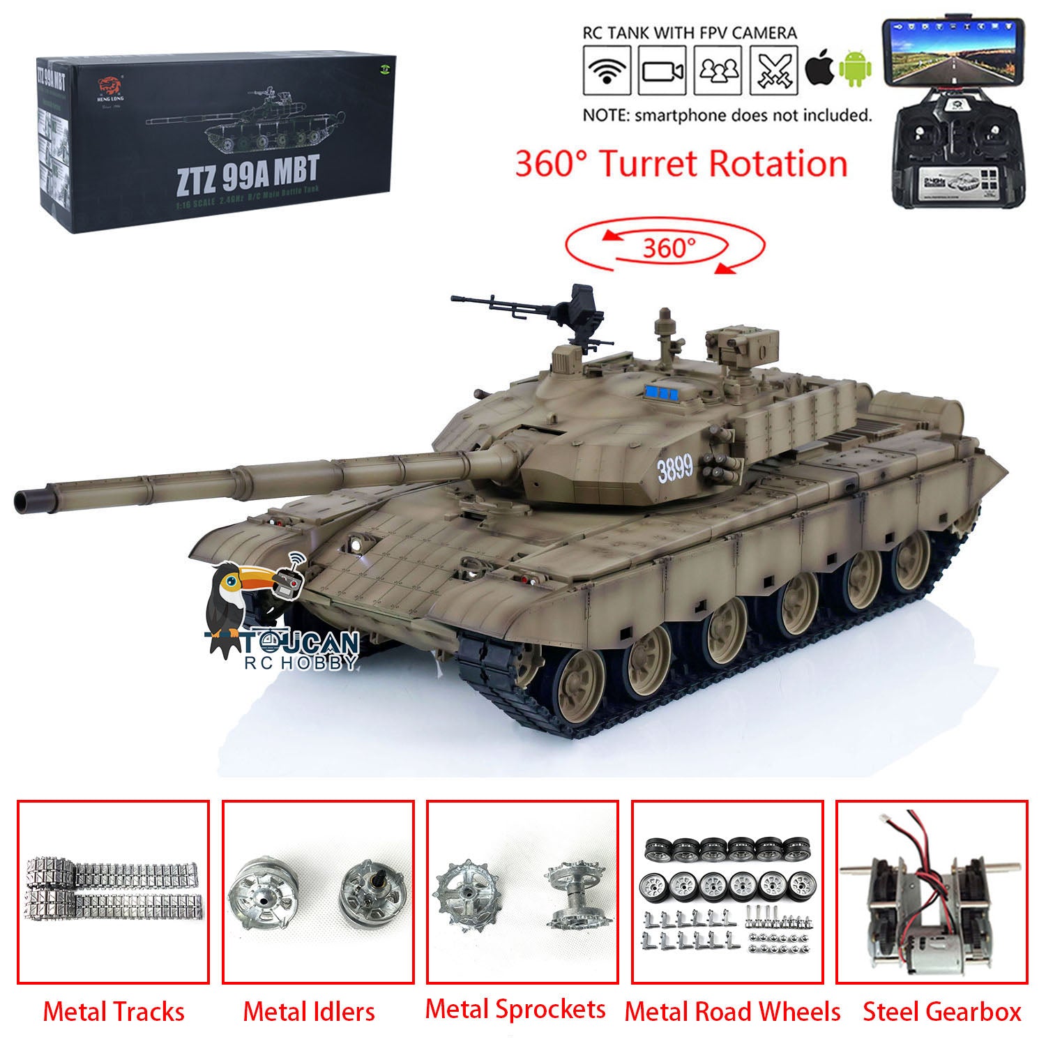 Henglong 1/16 7.0 99A FPV RC Panzer Remote Controlled Tank 3899A 360 T ...