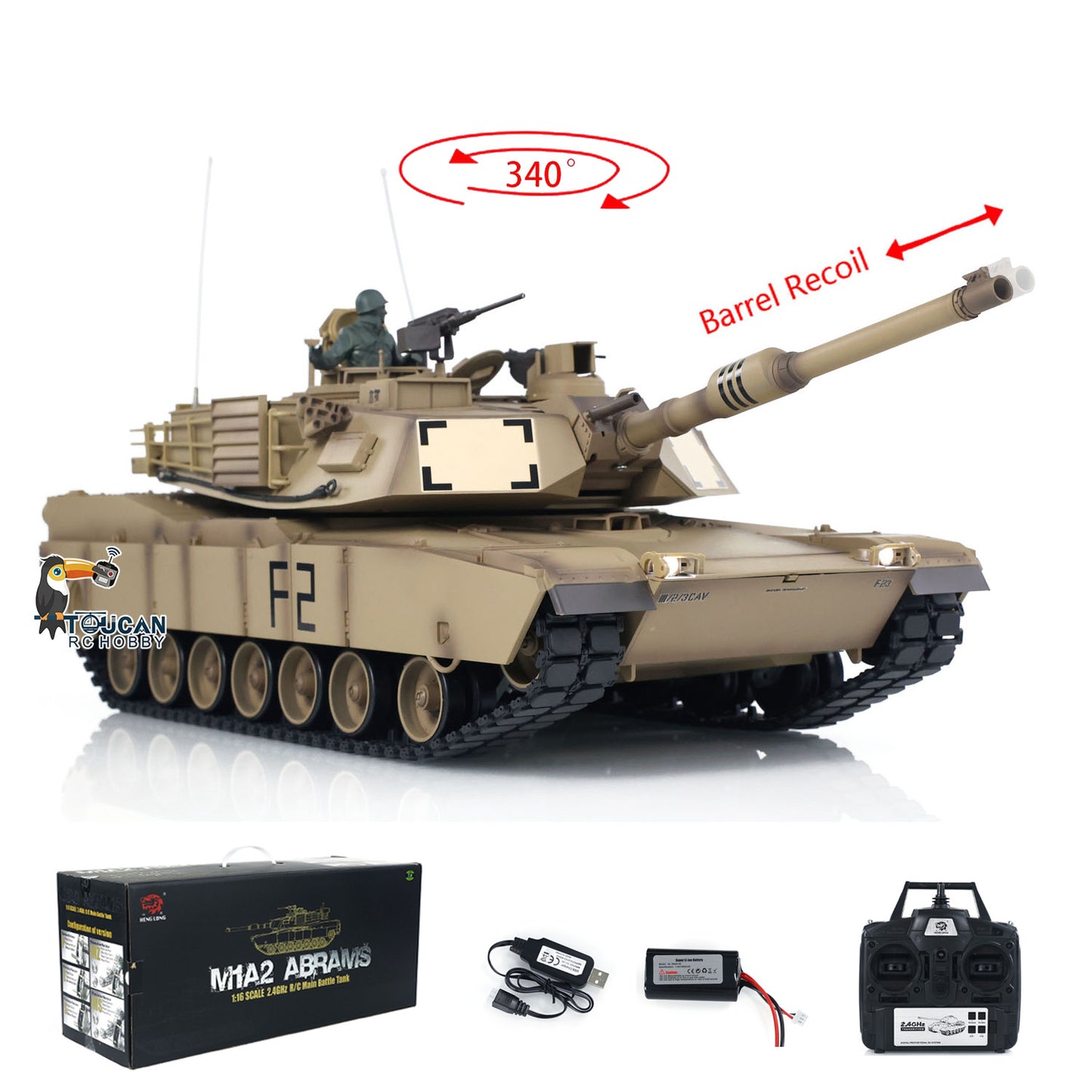 2.4Ghz Henglong 1:16 Scale 7.0 Plastic M1A2 Abrams Barrel Recoil RTR RC Tank 3918 Model 340 Turret Armored Vehicle