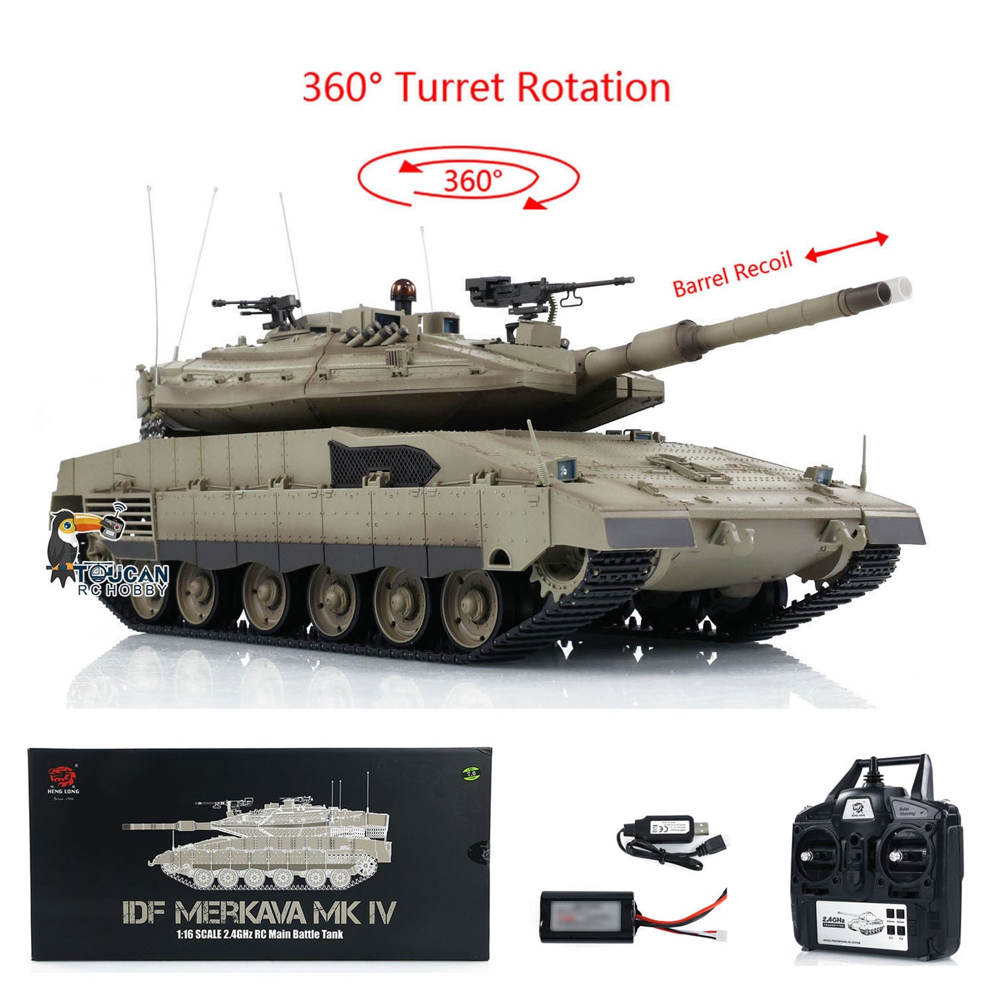 Heng Long 1/16 RC Battle Tank IDF Merkava MK IV 3958 Turret 360 Degree Rotating Barrel Recoil Radio Controlled Model