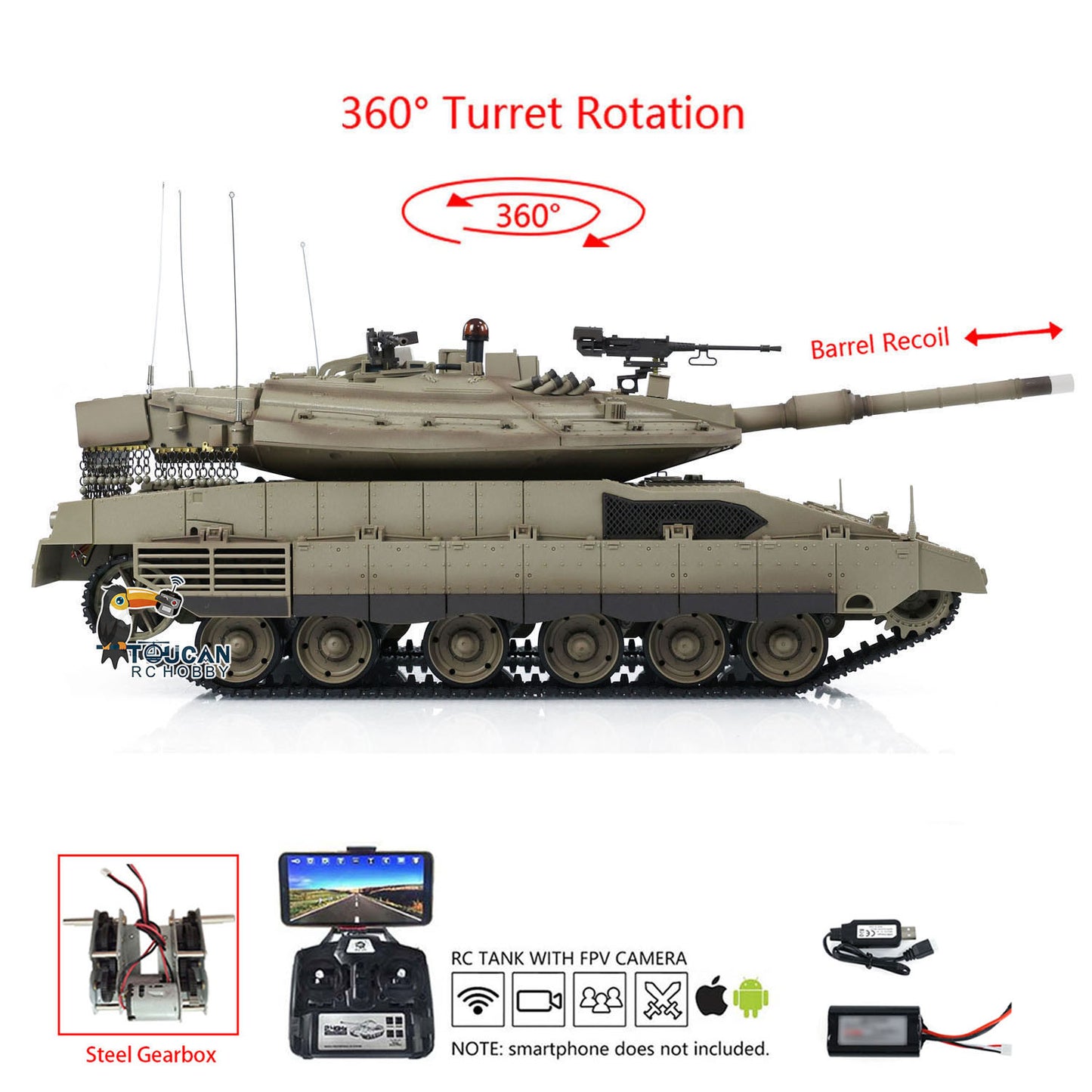 Henglong 3958 1/16 RC Tanks IDF Merkava MK IV Standard FPV Camera Driving Gearbox 360 Rotating Barrel Recoil Models