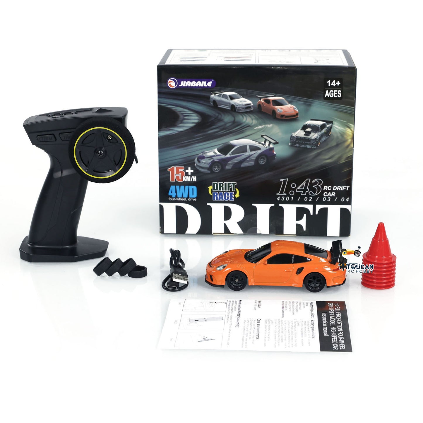 1:43 4WD RC Drift Race Car Remote Control Vehicle Mini Toy Model Car Tyres Traffic Cones Ready to Run Painted and Assembled