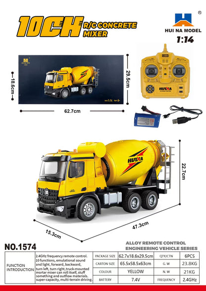 HUINA 574 1/14 RC Concrete Mixer Truck Toy Gift 2.4G Remote Control Model Cars 360Degrees Rotating Roller Simulated Sound Light Battery