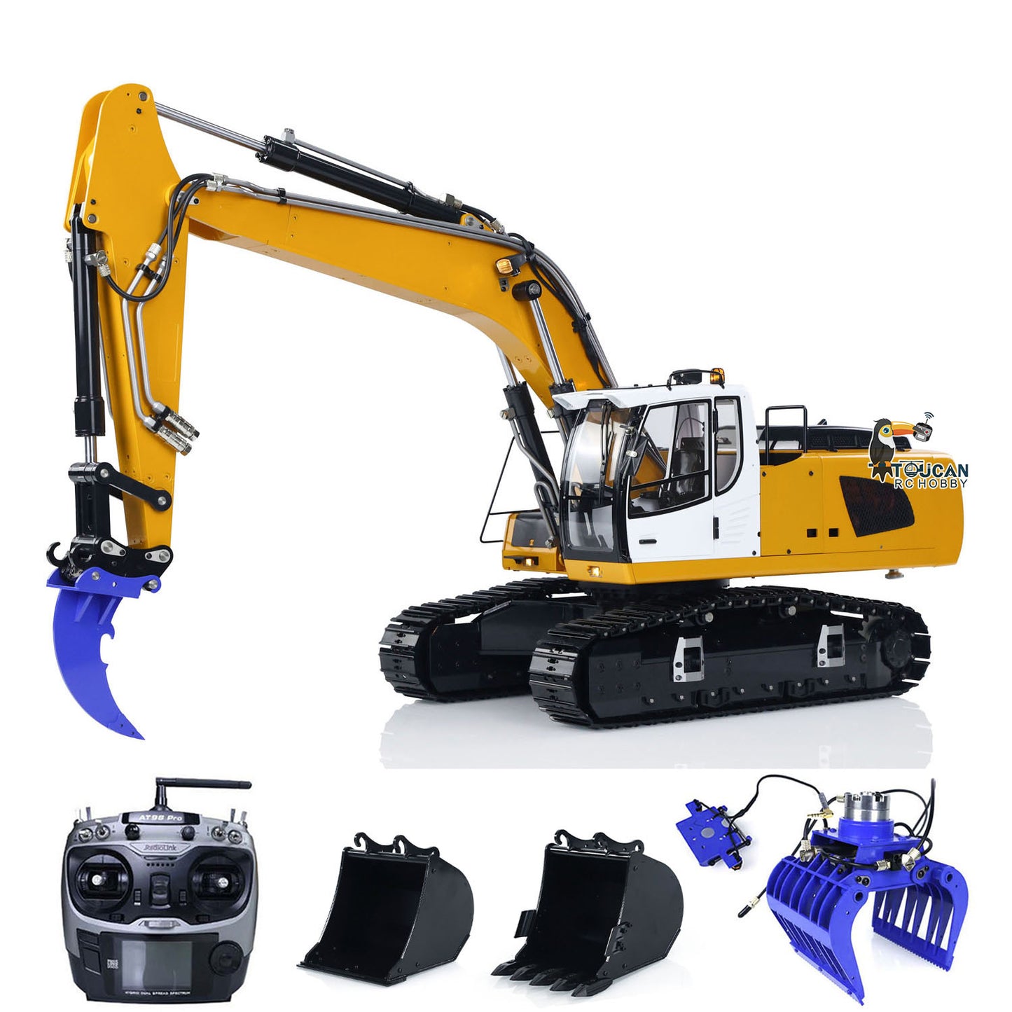 Remote Controlled Excavator 1/14 Scale 946 9CH Tracked Digger Two-Section Arm Metal Grab Bucket Ripper Light Motor ESC Cylinders