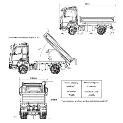 Kabolite K3362 Remote Control Metal Hydraulic Tipper Truck 1/14 Ready to Run Lorry 4*4 RC Dump Truck Light Sound Motor Servo Cylinder