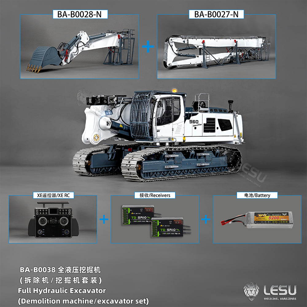 LESU 1/14 RC Heavy Full Hydraulic Demolition Excavator Aoue LR960 XE Two Type Digging Arms RTR Model Digger Construction Car