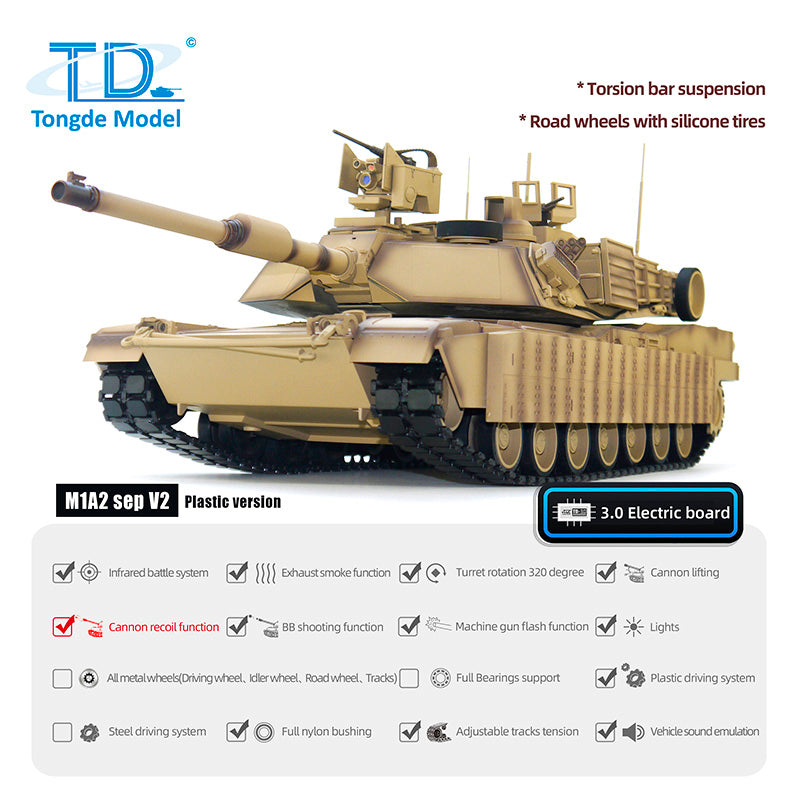 1/16 Tongde RC Infrared Battle Tank Radio Control Panzer M1A2 SEP V2 Abrams Electric Military Tanks 320 Rotation Simulation Model Barrel Recoil BB Unit