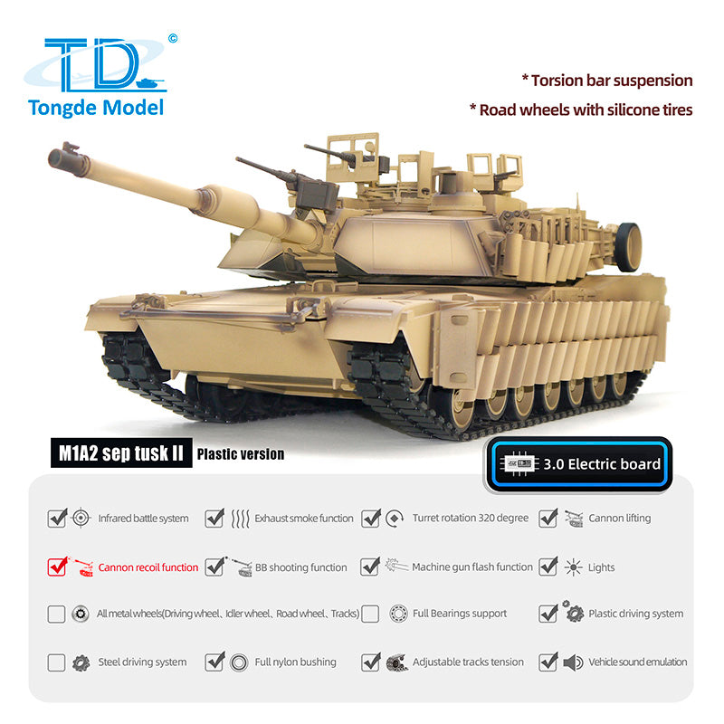 Tongde 1/16 Abrams M1A2 RC Infrared Battle Tank SEP TUSK II Remote Controlled Electric Panzer Model 320 BB Unit Barrel Recoil System