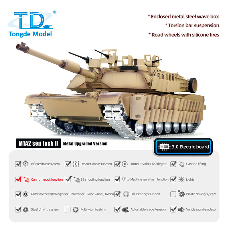 Tongde 1/16 Abrams M1A2 RC Infrared Battle Tank SEP TUSK II Remote Controlled Electric Panzer Model 320 BB Unit Barrel Recoil System