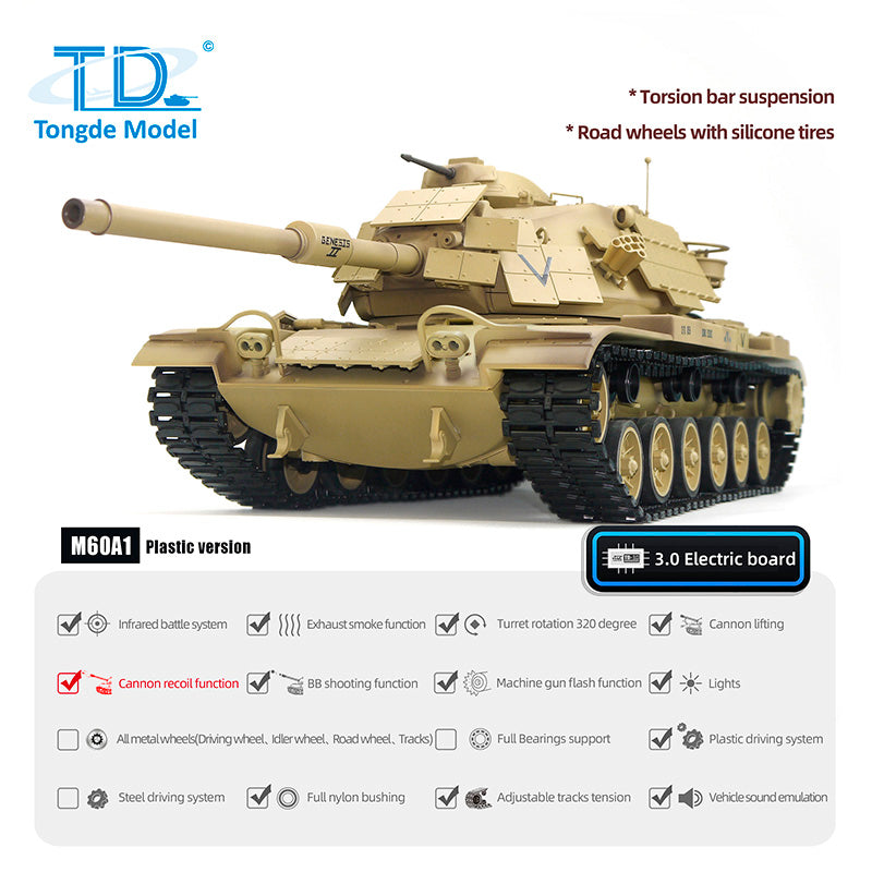 IN STOCK Tongde Model 1/16 RC Battle Tank M60A1 ERA USA Remote Control Armored Vehicle Panzer Hobby Model BB Shooting Barrel Recoil Sound