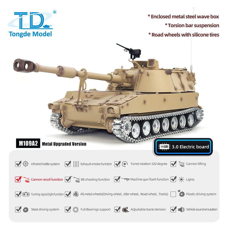 Tongde 1/16 Scale M109A2 RC Military Tank Self-propelled Howitzer Metal Wheels Optinal Ver BB Shooting Barrel Recoil Assembled