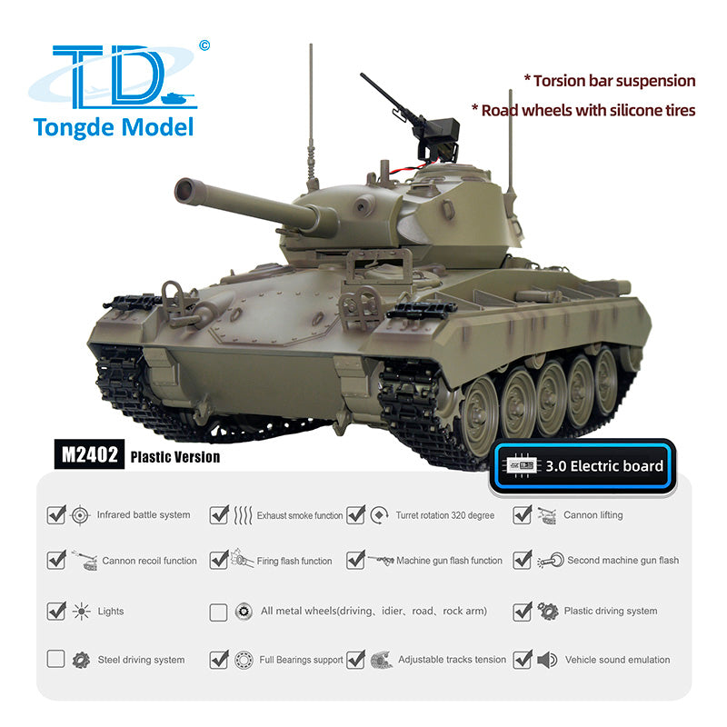 Tongde 1/16 M24 Chaffee RC Light Electric Tank Infantry Combat System Vehicle Model Barrel Recoil Without BB Shooting Unit