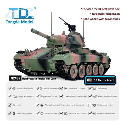 IN STOCK Tongde M24 Chaffee 1/16 RC Light Tank Infrared Combating System Military Model Barrel Recoil Metal Upgraded Wheels Gearbox 320