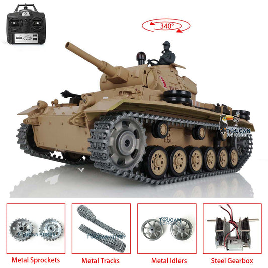 US STOCK 1/16 Henglong 7.0 Upgraded German Panzer III H RTR RC Tank Model 3849 Metal Tracks 340 Degree Turret IR BB Shooting Unit