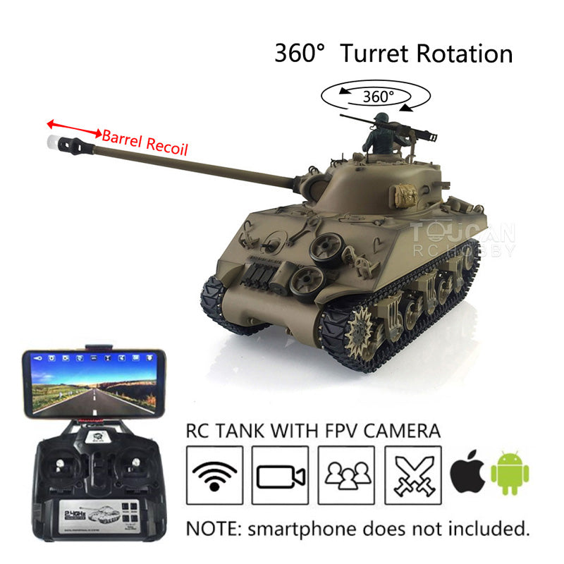 Henglong 1/16 Customized 7.0 M4A3 Sherman RC Tank 3898 w/ 360Degrees  Rotating Turret FPV Barrel Recoil Metal Road Wheels Tracks Idler - Yellow